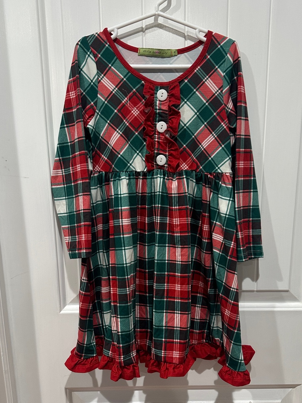 Girls Red & Green Plaid Ruffle Hem Dress